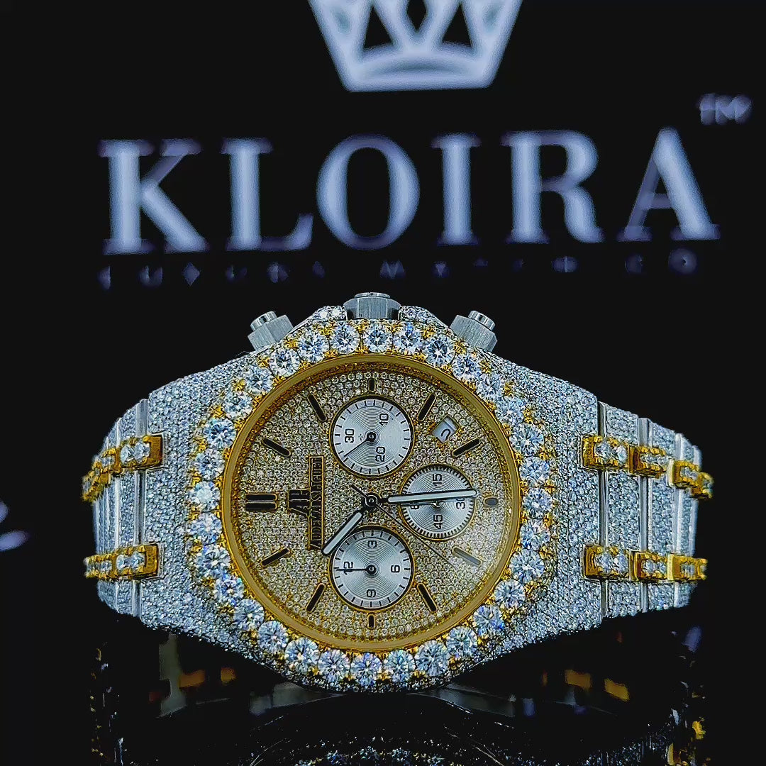 Yellow Gold Chronograph Dial Stick Markers Two Tone Moissanite Watch  360 View Video