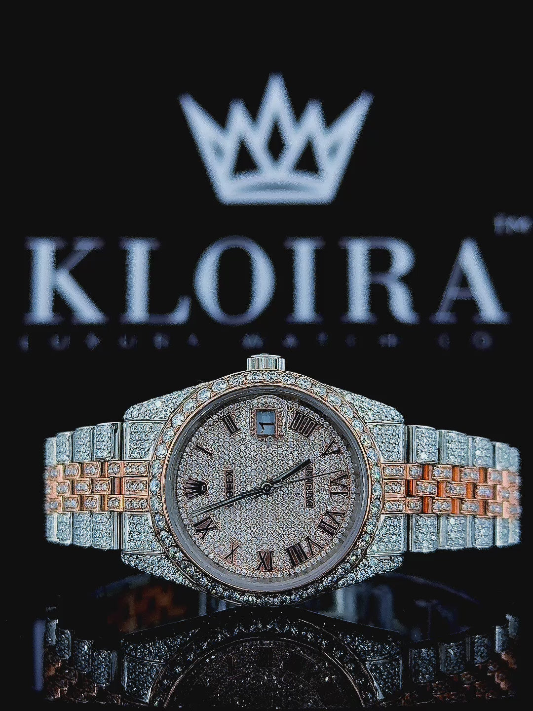 Two Tone Rose Gold Dial Fully Iced Out Roman Numerals Moissanite Watch 360 View
