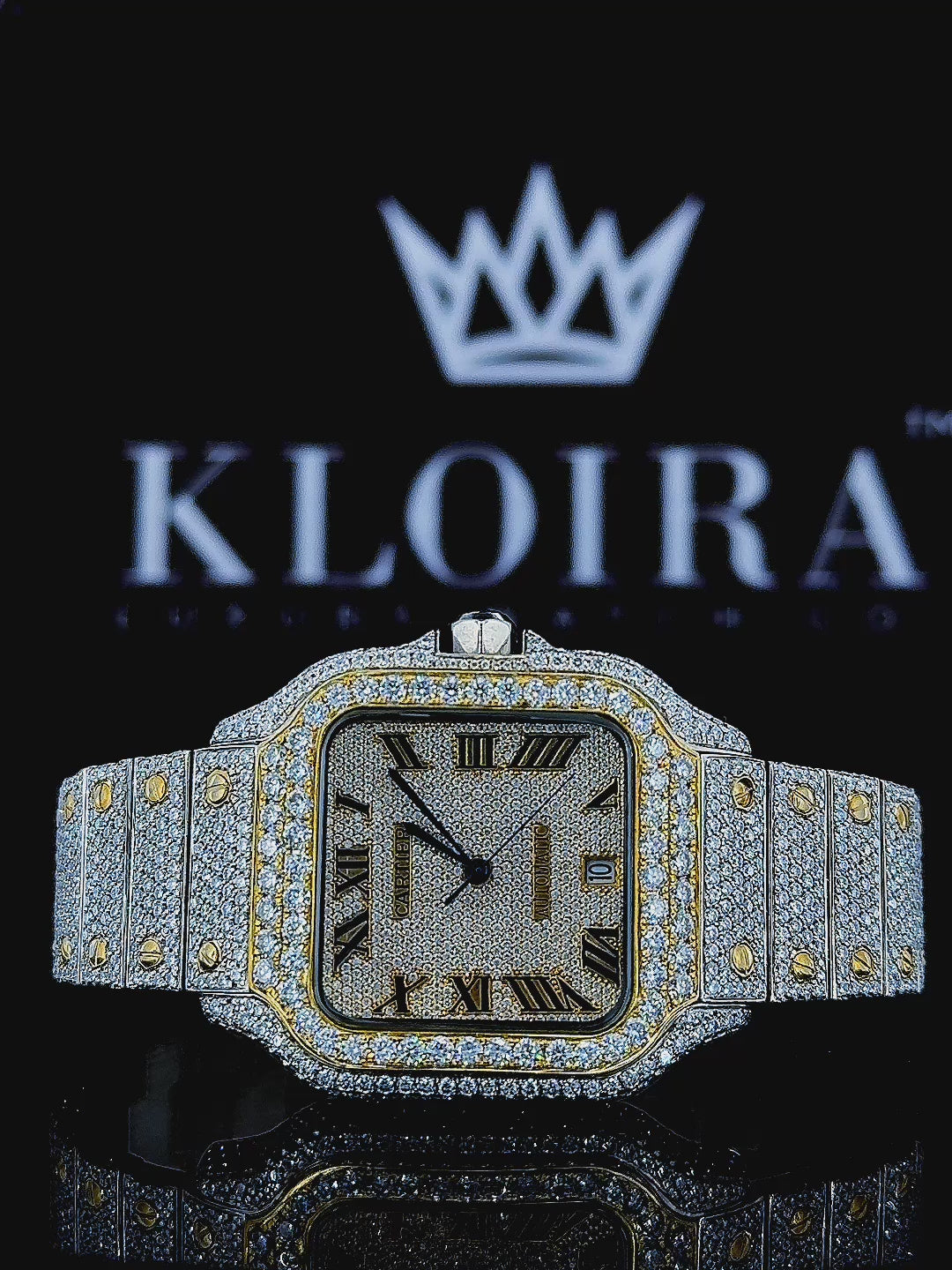 Two Tone Square Bezel Roman Numerals Fully Iced Out Moissanite Watch 360 View