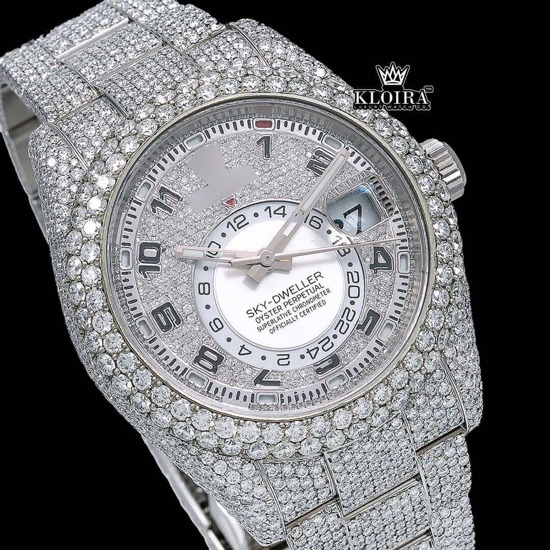 Bust Down Rolex Sky-Dweller Moissanite Diamond Watch with silver dial and diamond-encrusted case