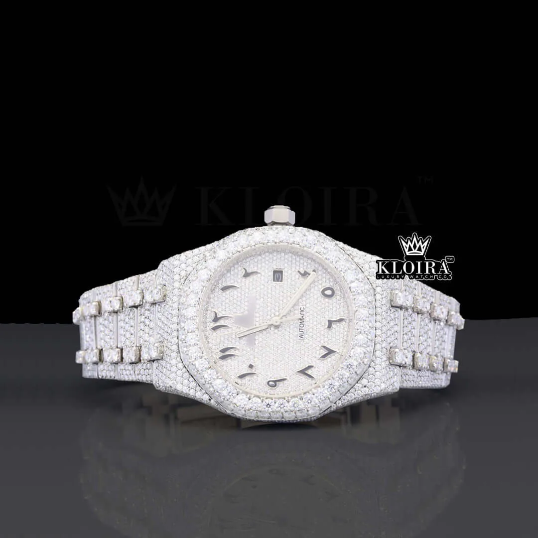 Lustrous Ice Moissanite Diamond Watch 14K Gold VVS 30 Carat 42mm Front