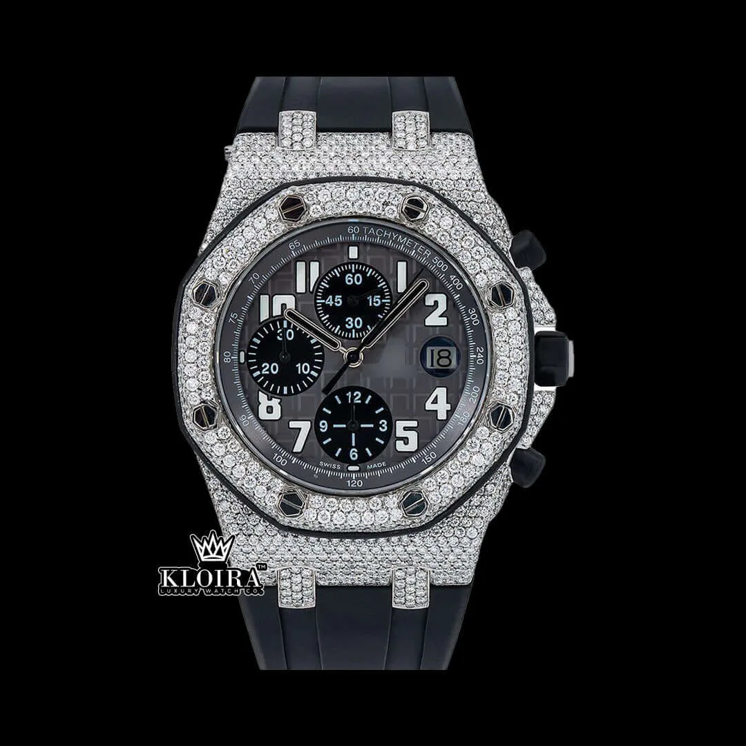 Best Moissanite AP Watch with full diamond bezel and black rubber strap showcased from the front
