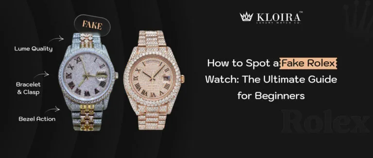 How to Spot a Fake Rolex Watch banner comparing real vs fake iced-out models with lume, bracelet, bezel.
