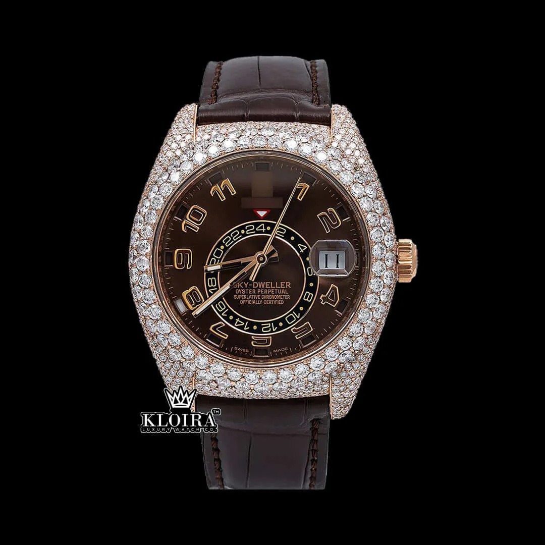 Luxury Rolex Moissanite Leather Strap watch with brown dial and leather strap, front-facing view