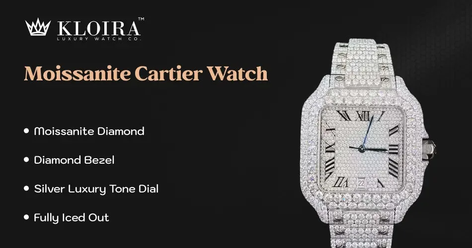 Moissanite Cartier watch with a diamond bezel, silver tone dial, and fully iced-out design