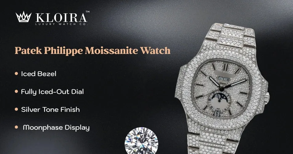 Iced Patek style moissanite watch with silver tone finish, moonphase display and fully diamond-covered bezel