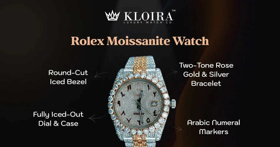 Two-tone rose gold and silver moissanite diamond watch with Arabic markers and complete iced-out detailing