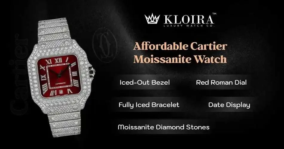 Affordable Cartier-style moissanite watch with red Roman dial, iced out bezel, fully iced bracelet, date display, and premium moissanite diamonds by Kloira.