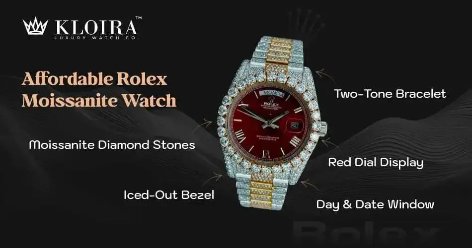 Affordable Rolex-style moissanite watch with red dial, iced out bezel, two-tone bracelet, moissanite diamond stones, and day-date display by Kloira.
