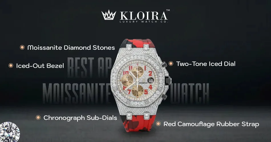 AP style moissanite watch with an iced-out bezel, two-tone dial, chronograph sub-dials, and red rubber strap.