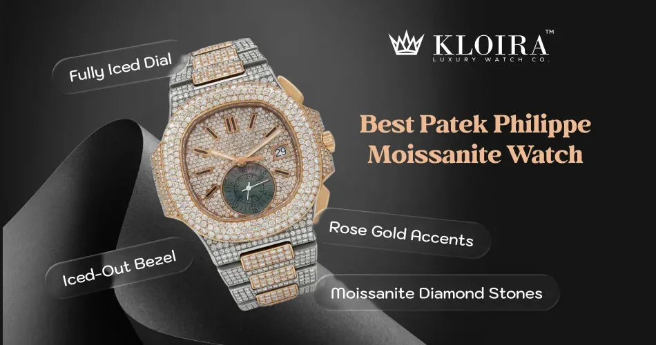 Patek-style moissanite watch with a fully iced dial, rose gold accents, and an iced-out bezel