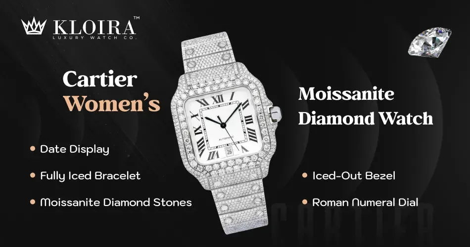Women’s Cartier style moissanite diamond watch with an iced-out bezel, Roman numeral dial, and fully iced bracelet.