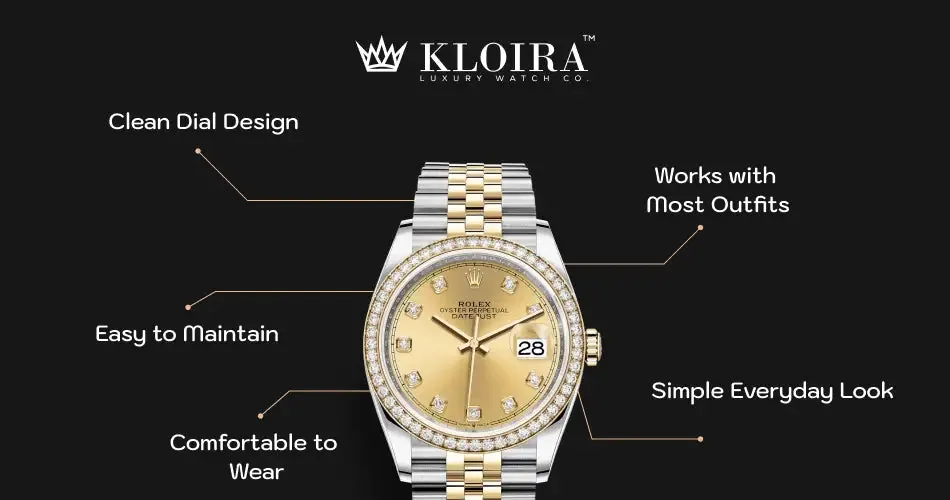 Gold and silver two-tone watch with a clean dial design, diamond markers, and a simple everyday look.