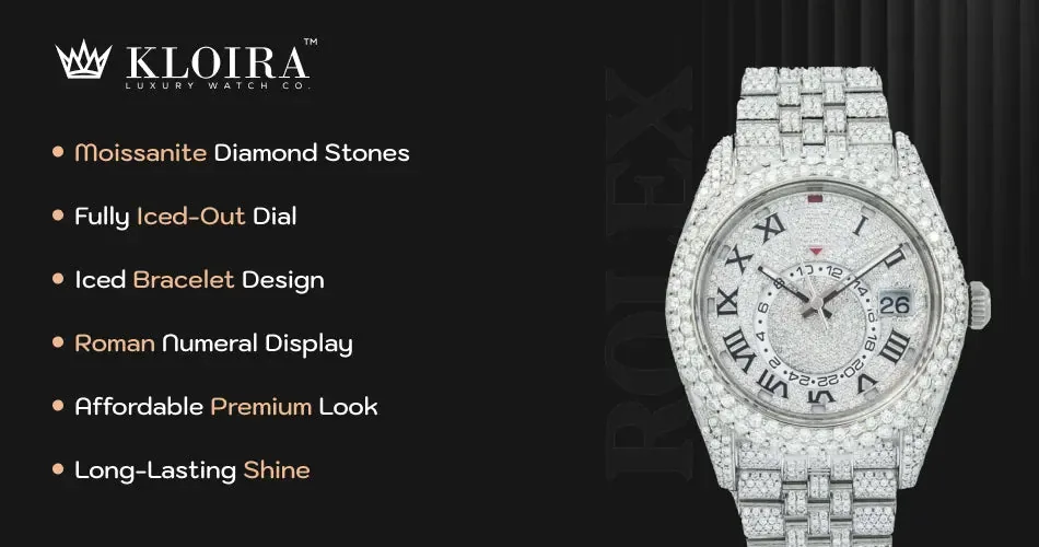 Fully iced-out moissanite watch with diamond stones, Roman numeral display, and an affordable premium look.