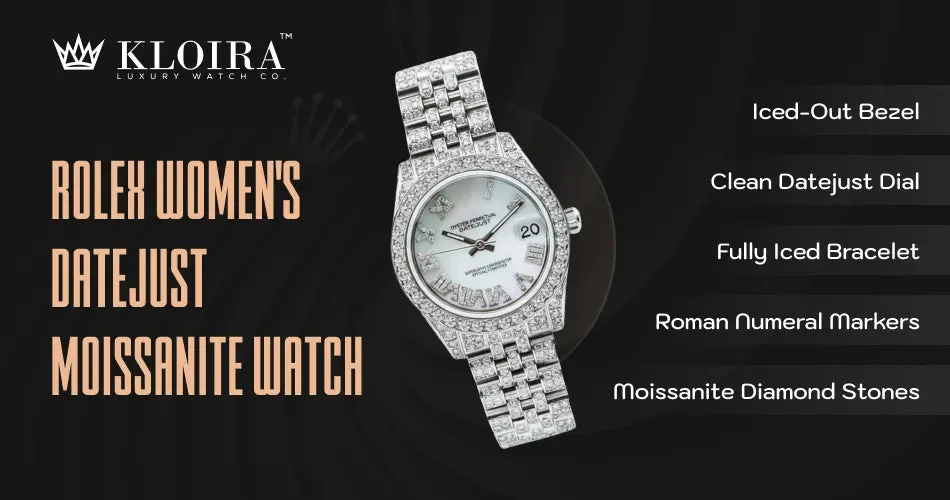 Women’s Datejust style moissanite watch with an iced-out bezel, clean dial, and fully iced bracelet
