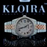 Roles Two Tone Rose Gold Dial Fully Iced Out Moissanite Watch with Roman Numerals