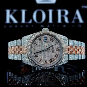 Two Tone Rose Gold Dial Fully Iced Out Roman Numerals Moissanite Watch