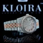 Two Tone Rose Gold Dial Fully Iced Out Roman Numerals Moissanite Watch Left Strap View