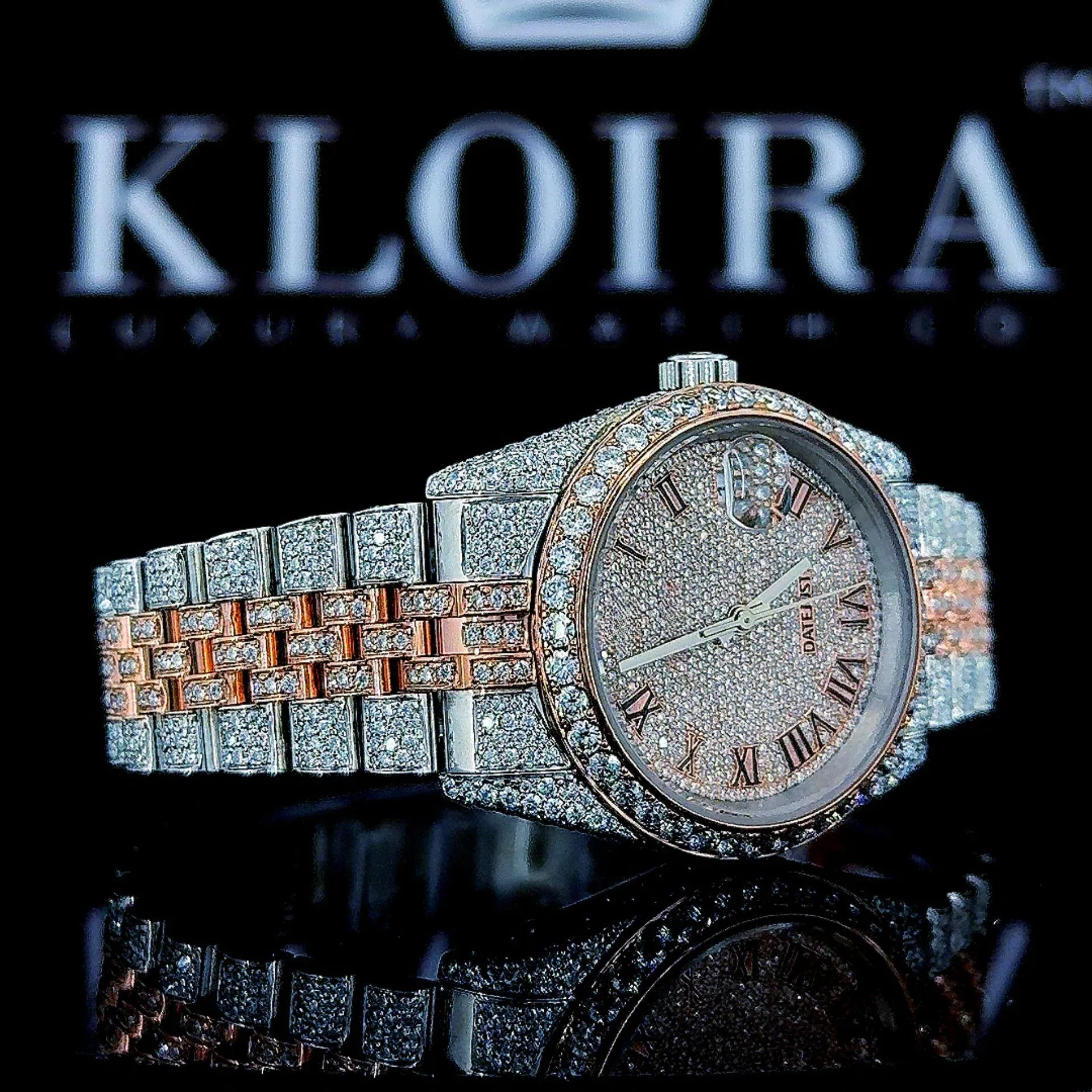 Two Tone Rose Gold Dial Fully Iced Out Roman Numerals Moissanite Watch Left Strap View