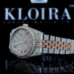 Two Tone Rose Gold Dial Fully Iced Out Roman Numerals Moissanite Watch Right Strap View