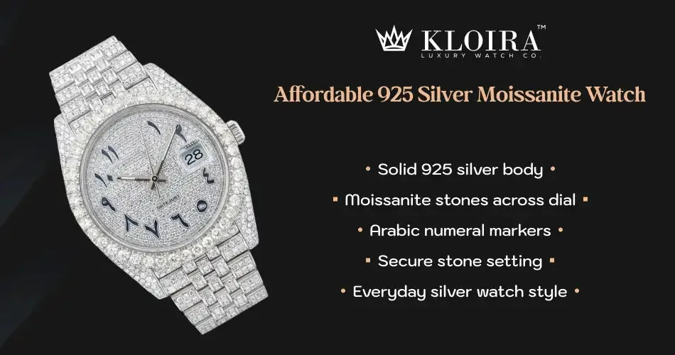 Affordable 925 silver moissanite watch for everyday wear