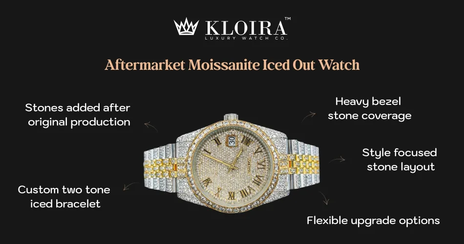 Aftermarket moissanite iced out watch with custom stone setting and two tone bracelet design