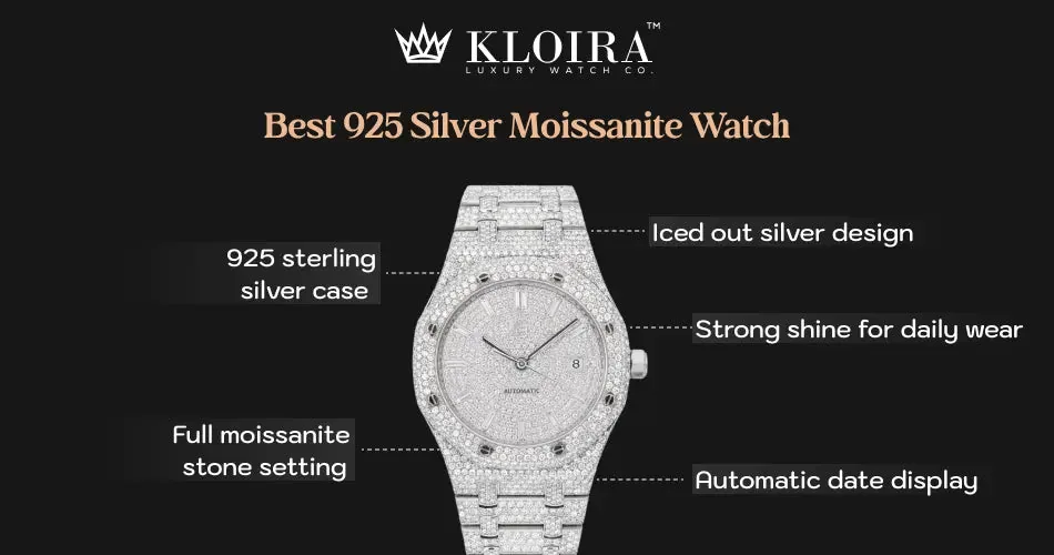 Best 925 sterling silver moissanite watch with full stone setting and iced design