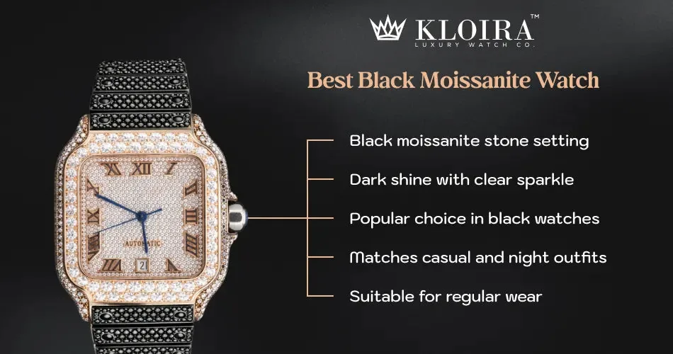 Best black moissanite watch with dark sparkle and luxury stone setting