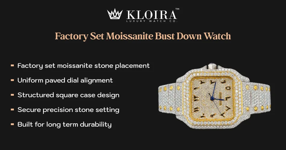 Factory set moissanite bust down watch with uniform pavé stone setting and durable square case