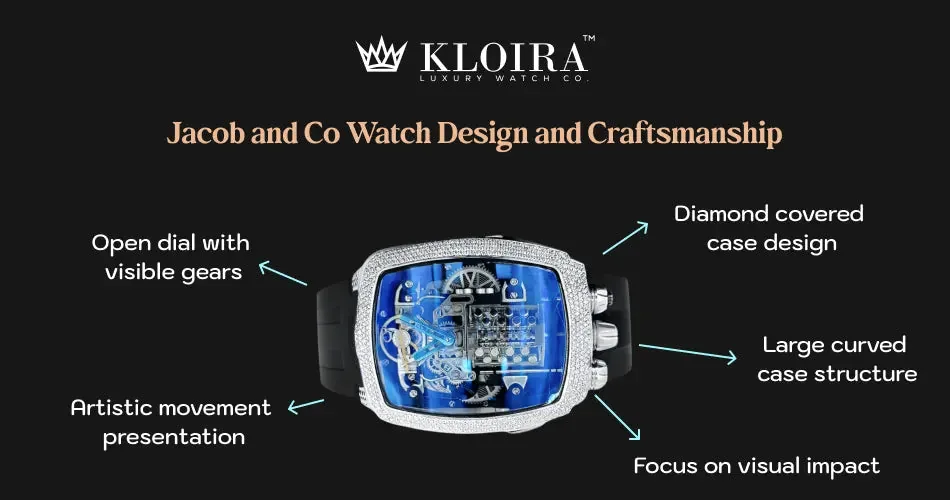 Jacob and Co watch design and craftsmanship featuring open dial, visible gears, and diamond covered case