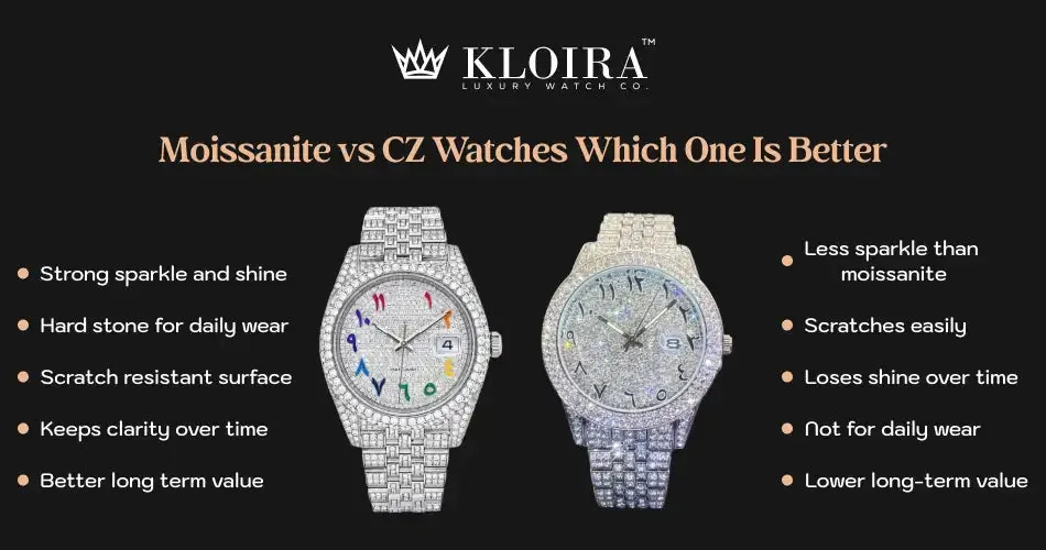 Moissanite vs CZ watches comparison showing durability, shine, and long term value differences