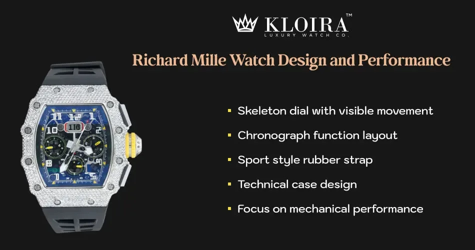 Richard Mille watch design and performance featuring skeleton dial, chronograph layout, and technical case