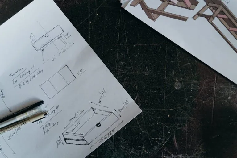Intricate carpentry design sketches on paper with pens, showcasing furniture project planning.