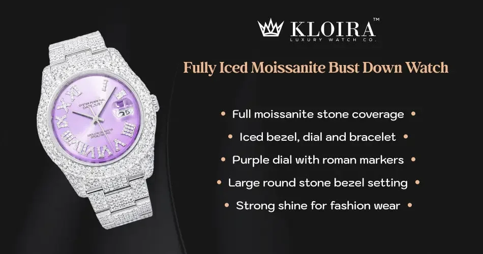 moissanite bust down watch full stone coverage iced bezel dial and bracelet purple dial image