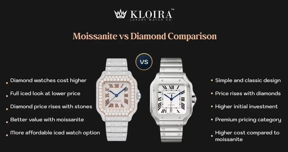 Moissanite vs diamond comparison inner banner with luxury watches side by side
