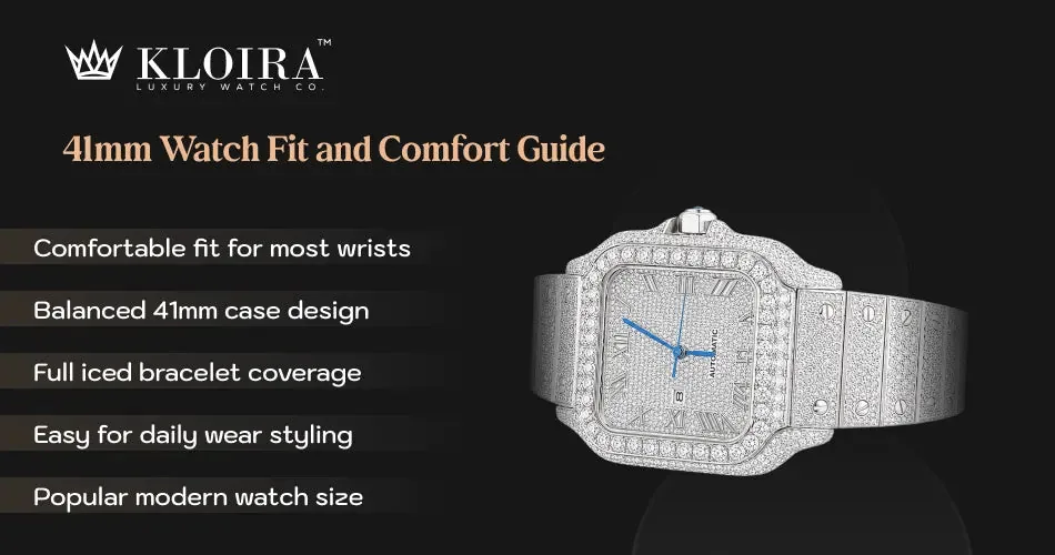 41mm watch fit and comfort guide with full iced bracelet and diamond watch design