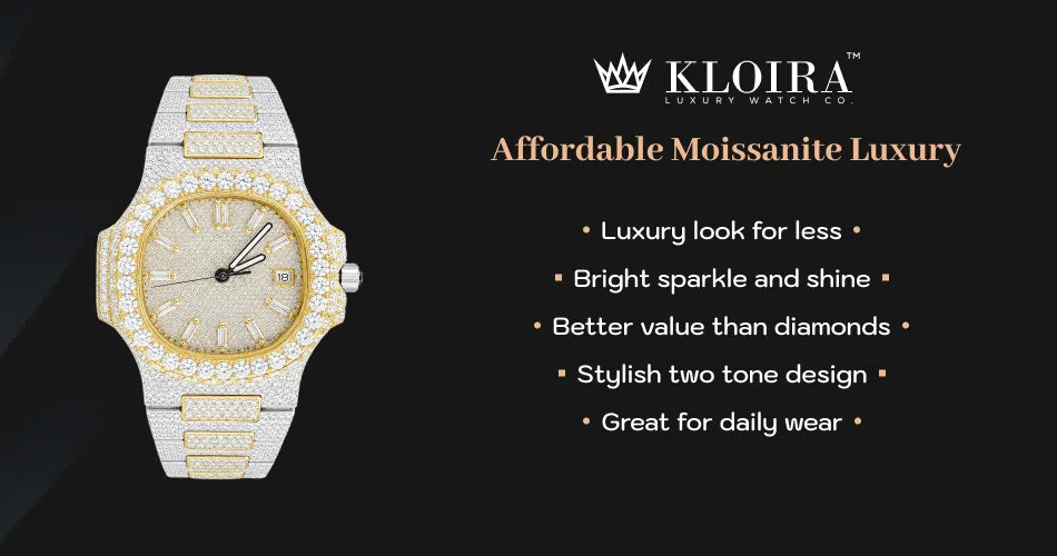 affordable moissanite luxury watch with brilliant sparkle and two tone design