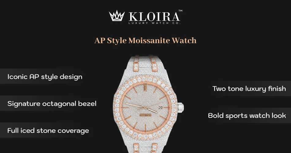 AP style moissanite watch with iconic octagonal bezel and full iced design