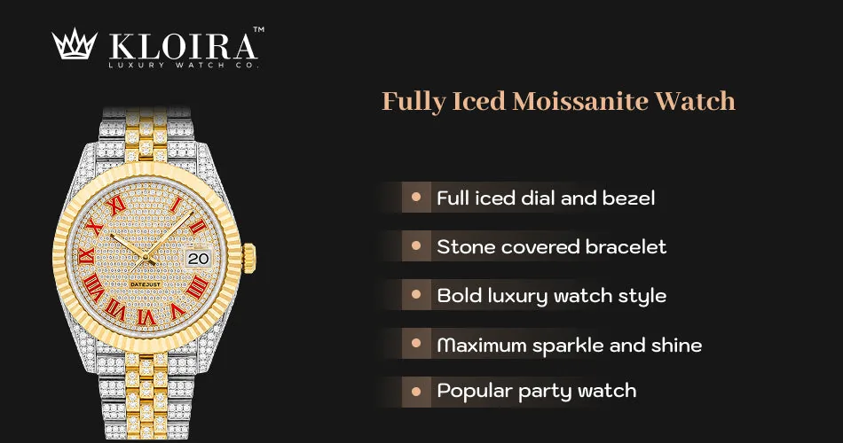 fully iced moissanite watch with diamond bezel dial and bracelet design