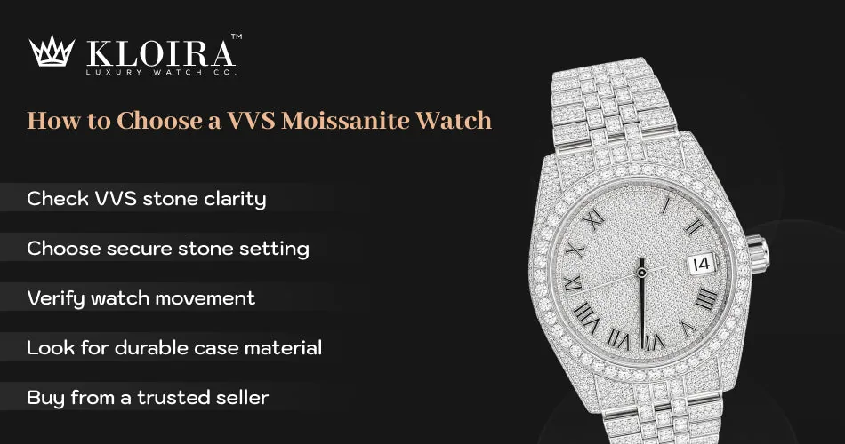 how to choose a VVS moissanite watch with high clarity and secure stone setting