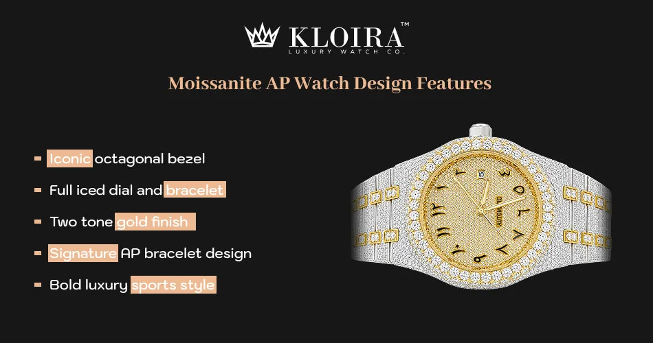 moissanite AP watch design features with octagonal bezel and full iced bracelet