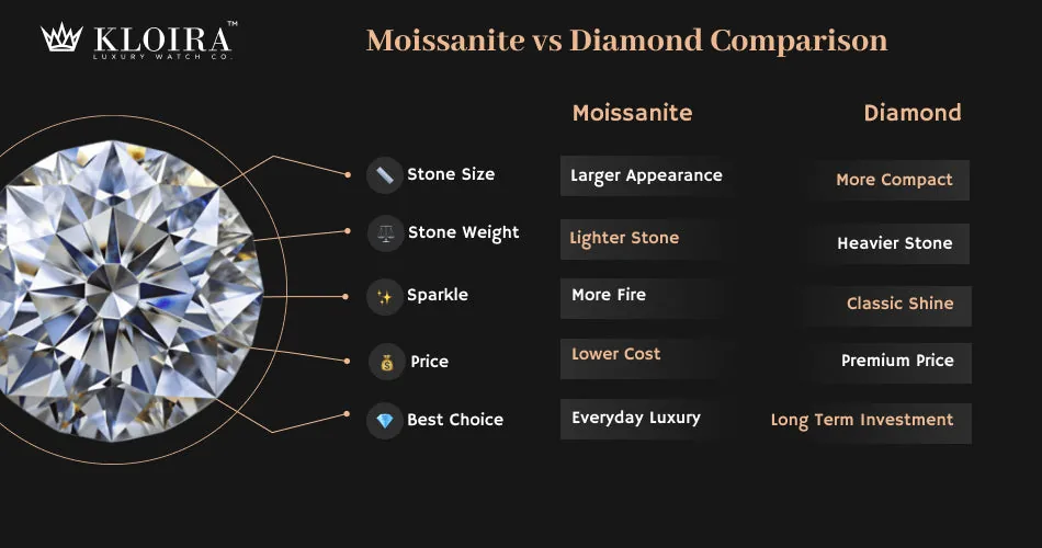 moissanite vs diamond comparison showing stone size weight sparkle and price differences