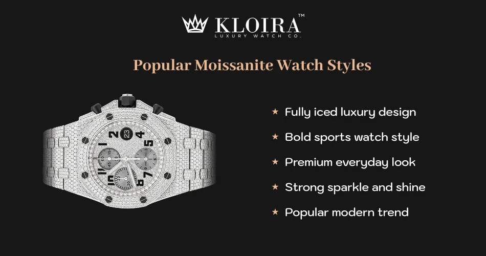 popular moissanite watch styles featuring fully iced luxury sports watches