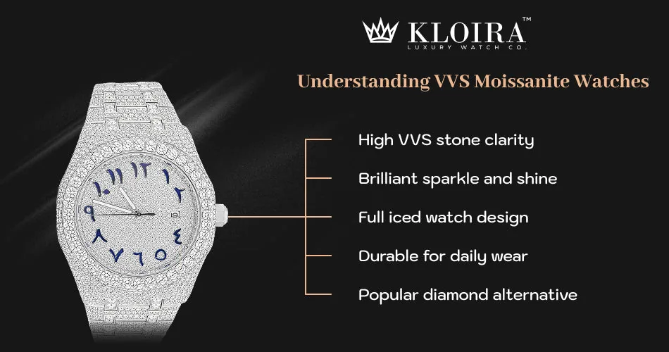 understanding VVS moissanite watches with high clarity and luxury iced out design