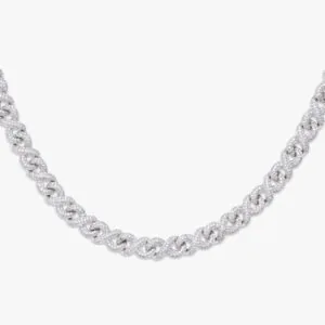 10mm Round Moissanite Cuban Link Chain Crest Weave in 14K White Gold