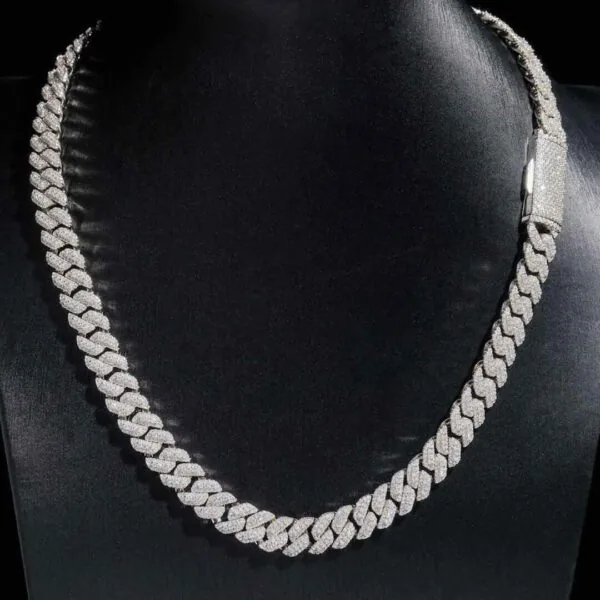 10mm Round Moissanite Cuban Link Chain DiamondVibe in 14K White Gold Neck