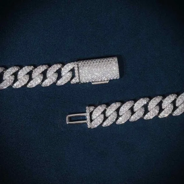 10mm Round Moissanite Cuban Link Chain Glacial in 14K White Gold with clasp
