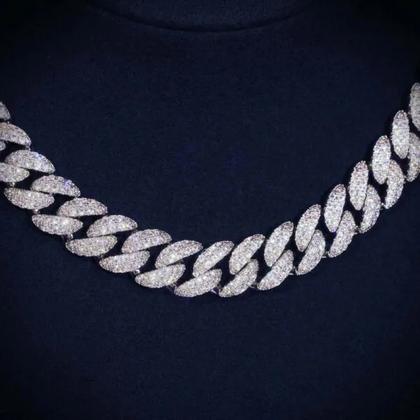 10mm Round Moissanite Cuban Link Chain Glacial in 14K White Gold closeup look