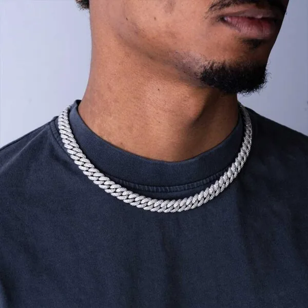 10mm Round Moissanite Cuban Link Chain Glacial in 14K White Gold with model
