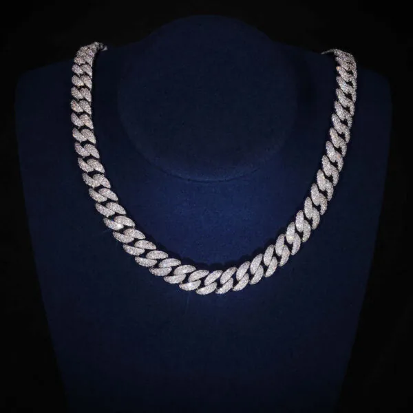 10mm Round Moissanite Cuban Link Chain Glacial in 14K White Gold neck